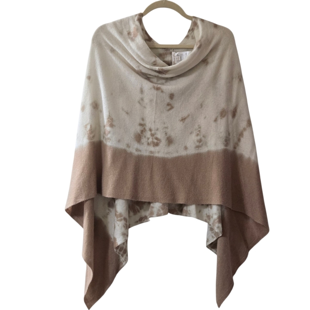Minnie Rose 100% Cashmere Poncho Topper Shawl Neutral Tan Cream Tie-Dye One Size